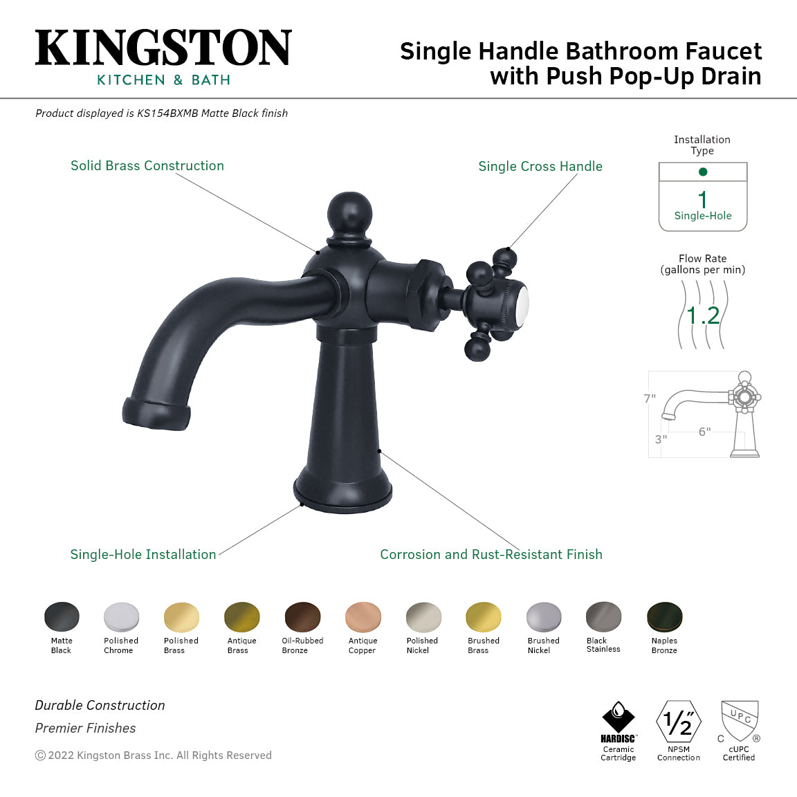 Kingston Heirloom KS154BXMB - Nautical One-Handle 1-Hole Bathroom Faucet with Push Pop-Up Drain, Matte Black — thumbnail 2